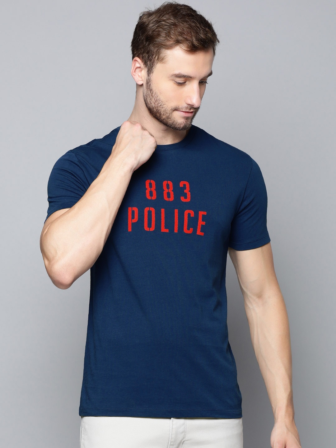 

883 Police Men Navy Blue & Red Brand Logo Printed Pure Cotton T-shirt