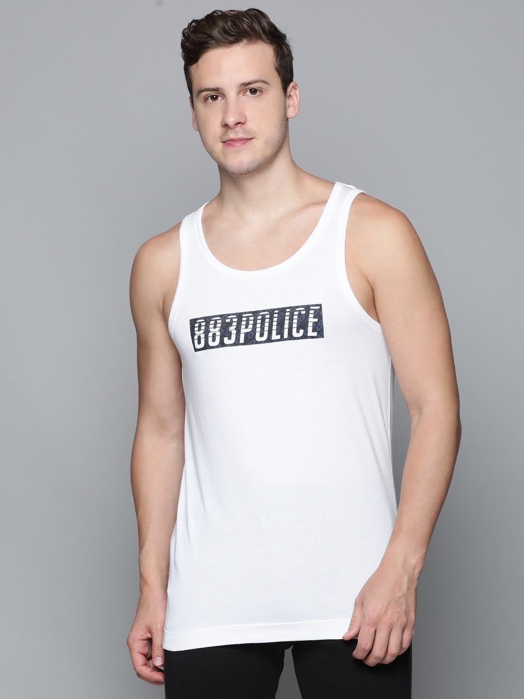 

883 Police Men White Brand Logo Printed Pure Cotton T-shirt