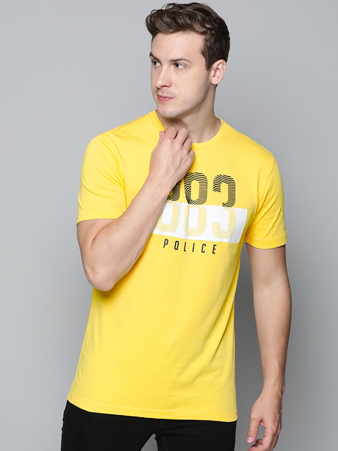 

883 Police Men Yellow Cotton Typography Printed T-shirt