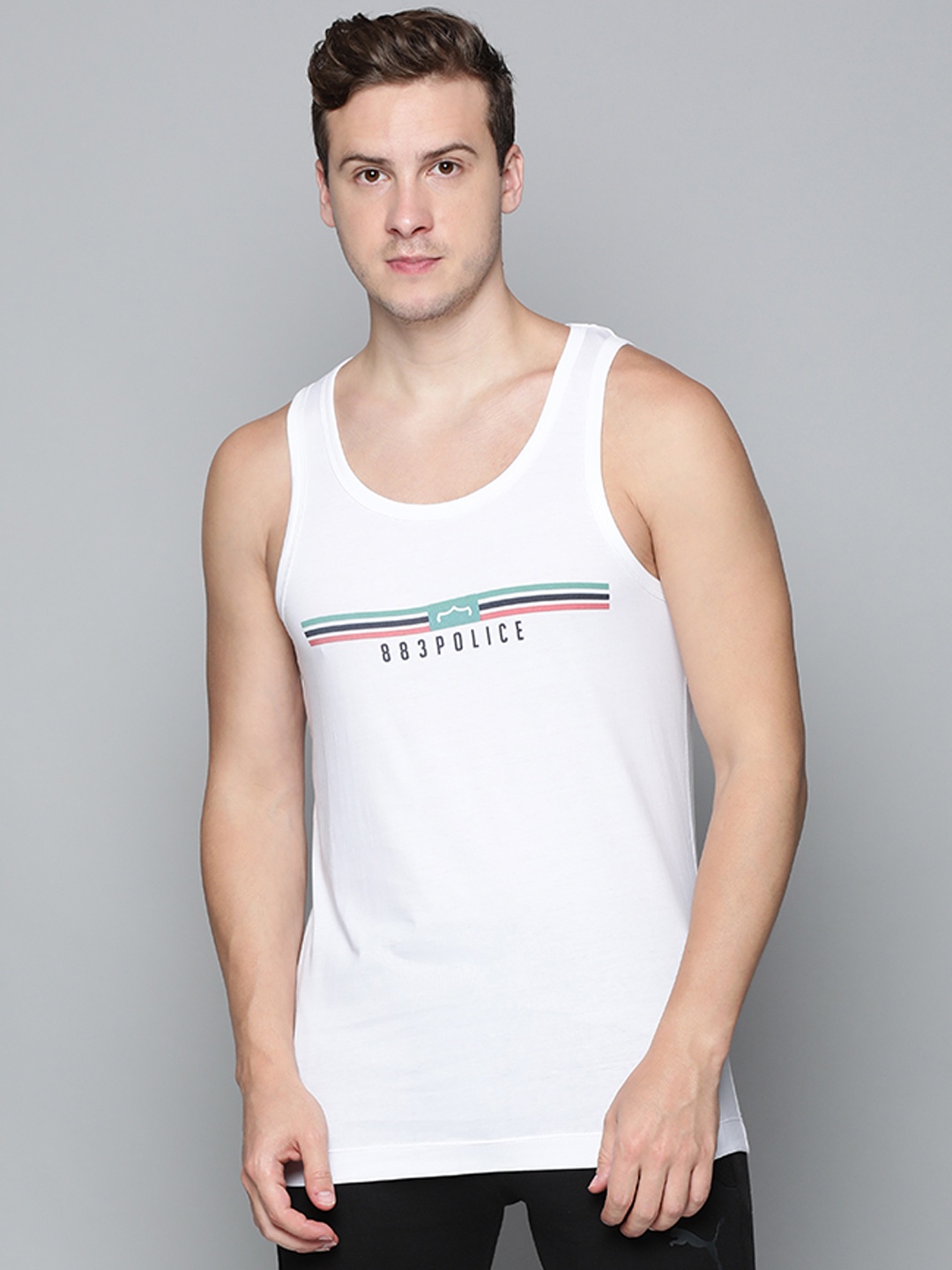 

883 Police Men White Cotton Printed T-shirt