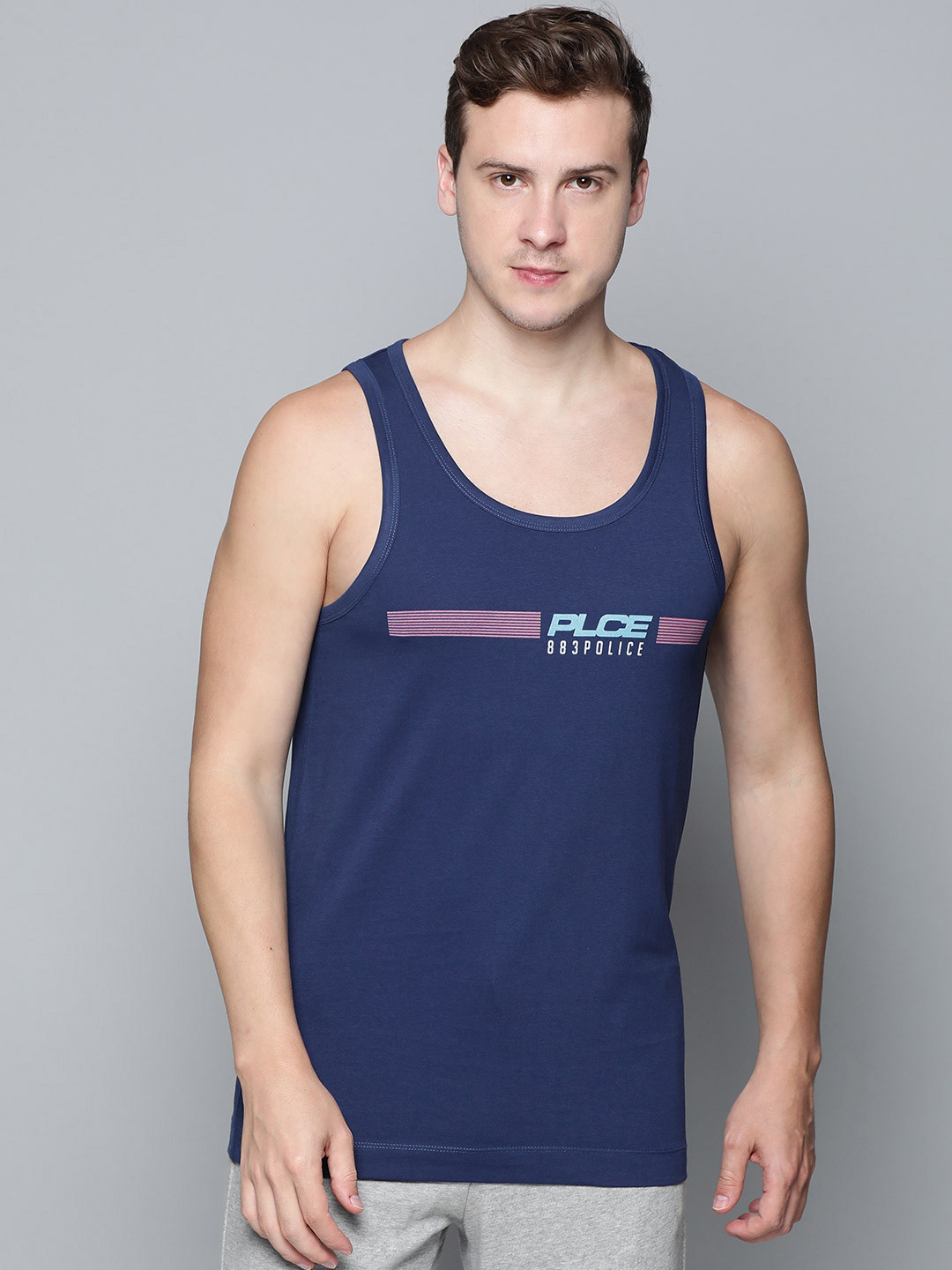 

883 Police Men Navy Blue Cotton Printed T-shirt