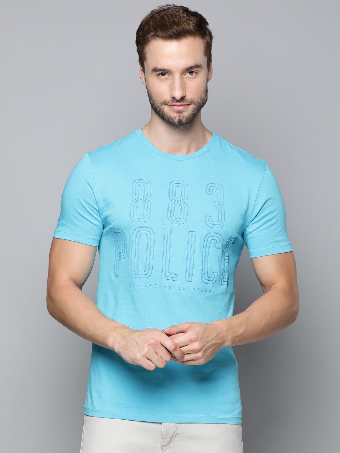 

883 Police Men Blue Brand Logo Printed Pure Cotton T-shirt