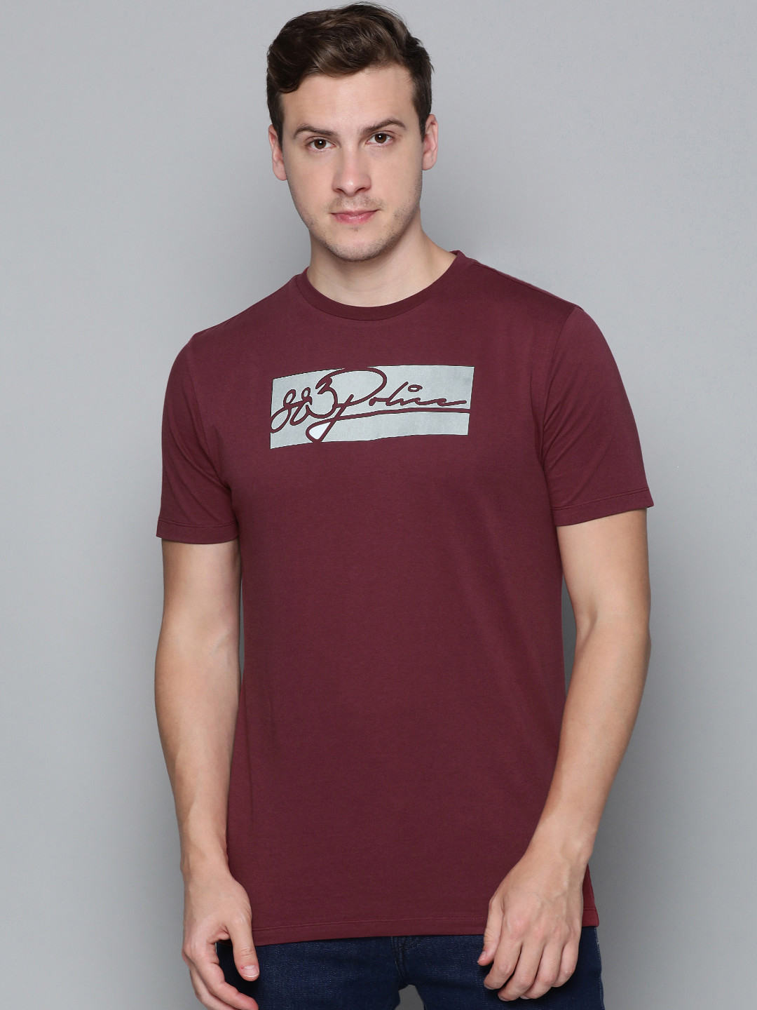 

883 Police Men Maroon Brand Logo Printed Pure Cotton T-shirt
