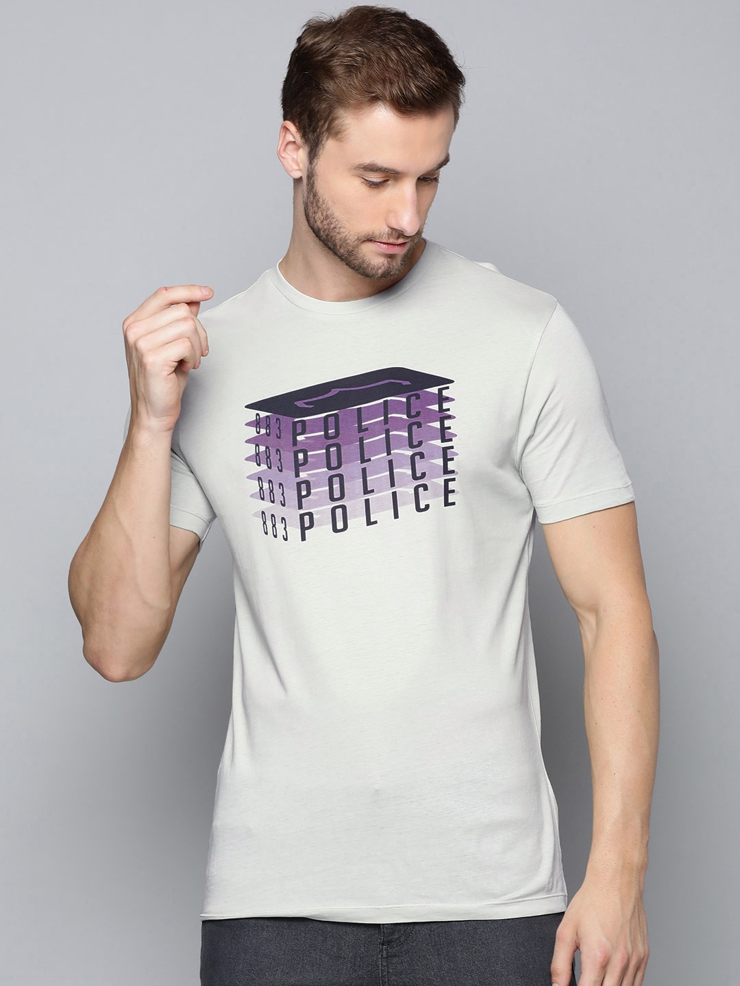 

883 Police Men Grey & Purple Typography Printed Pure Cotton T-shirt