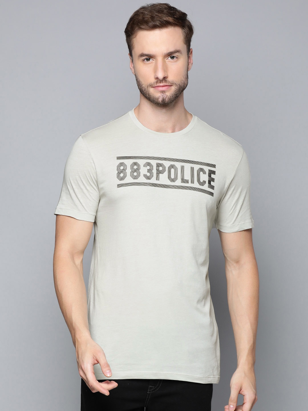 

883 Police Men Grey Brand Logo Printed Pure Cotton T-shirt