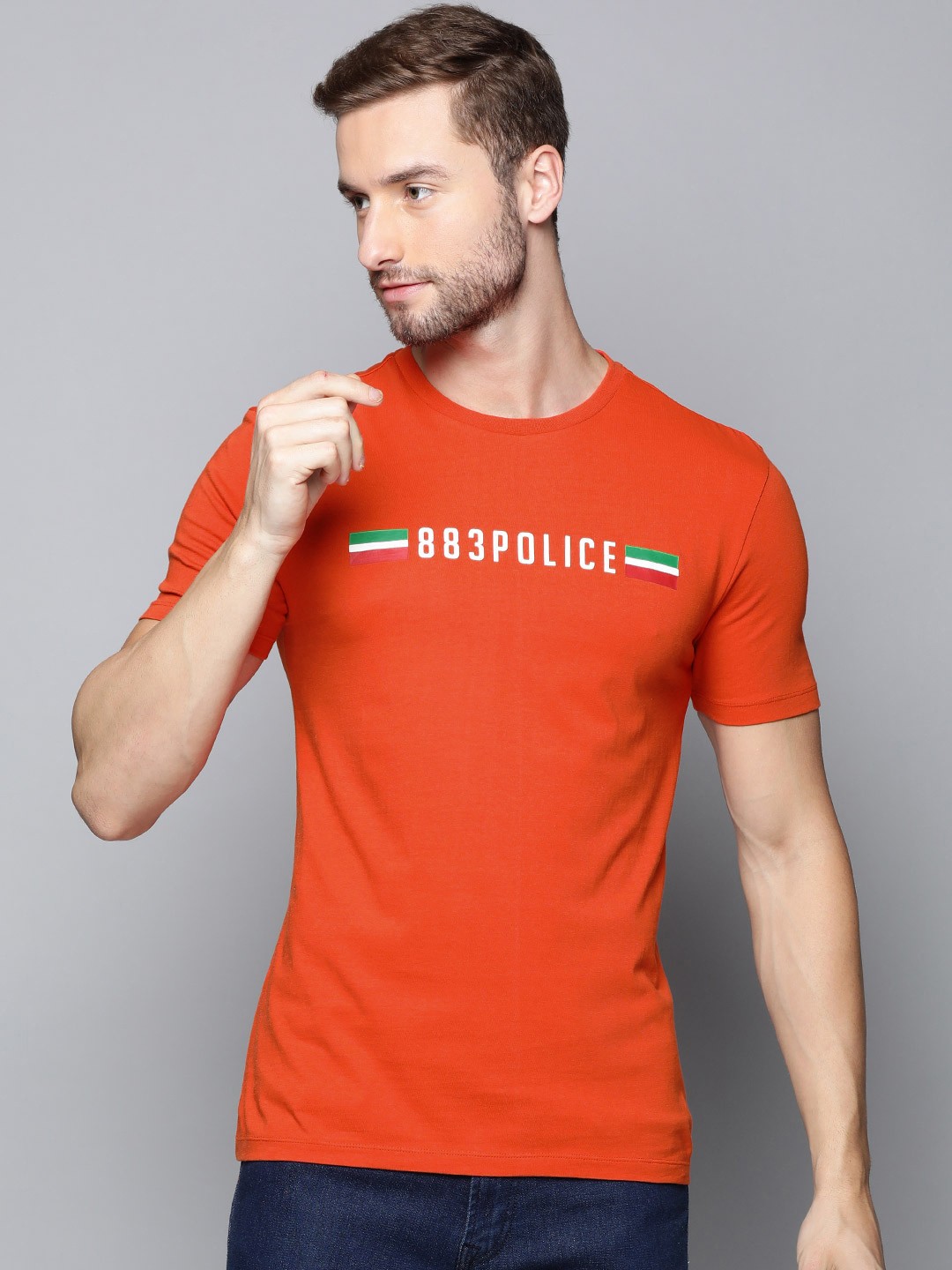 

883 Police Men Orange Brand Logo Printed Pure Cotton T-shirt