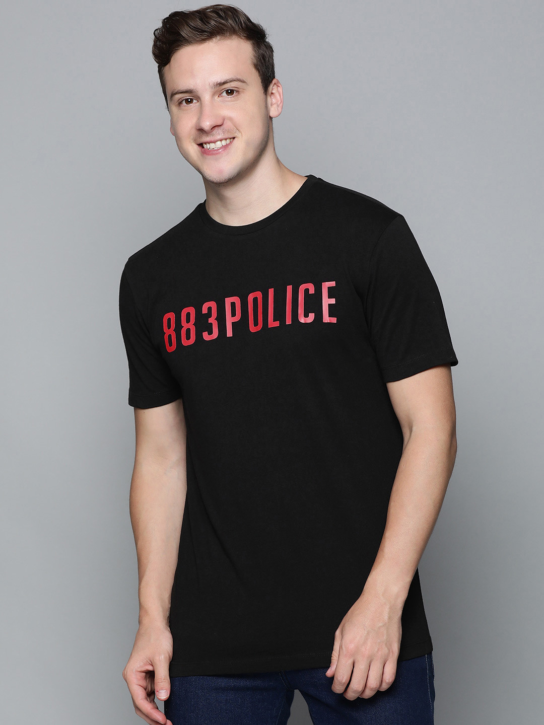 

883 Police Men Black Brand Logo Printed Pure Cotton T-shirt