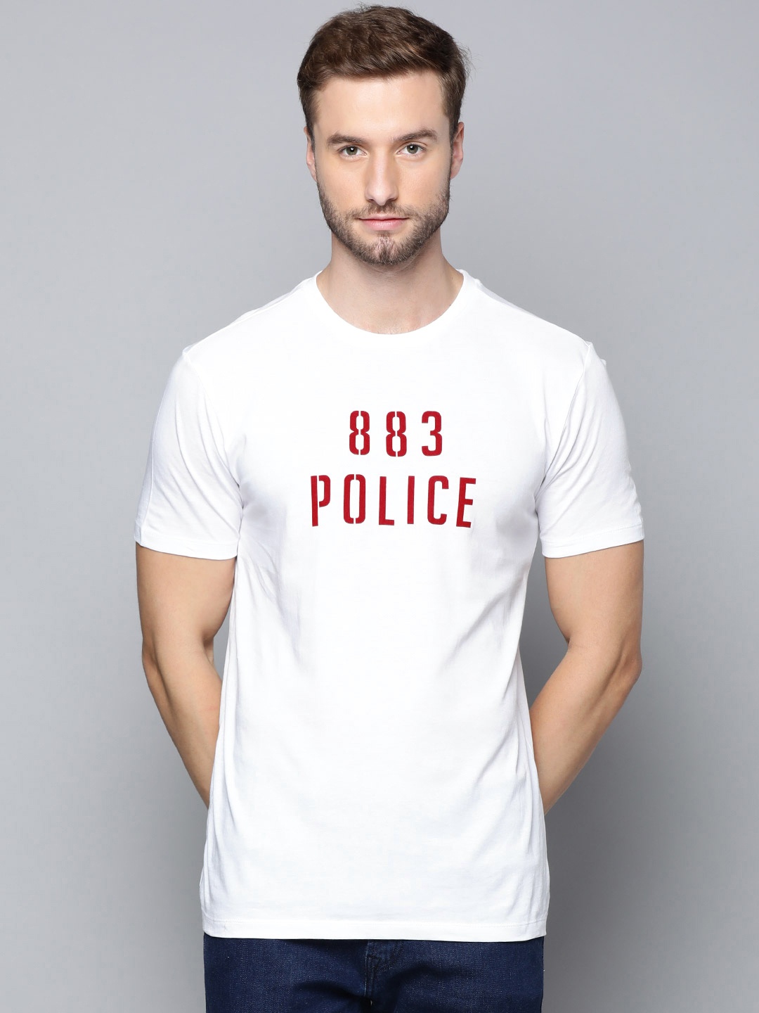 

883 Police Men White & Red Brand Logo Printed Pure Cotton T-shirt