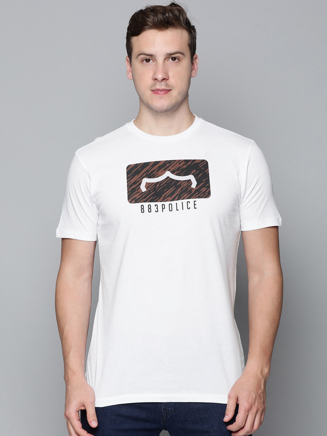 

883 Police Men White Brand Logo Printed Pure Cotton T-shirt