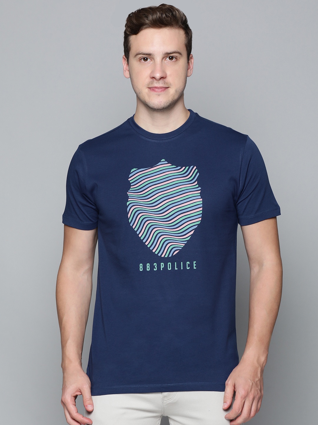 

883 Police Men Navy Blue Brand Logo Printed Pure Cotton T-shirt
