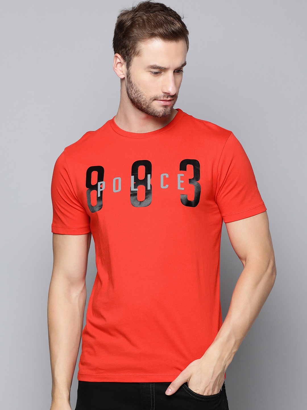 

883 Police Men Red & Black Brand Logo Printed Pure Cotton T-shirt