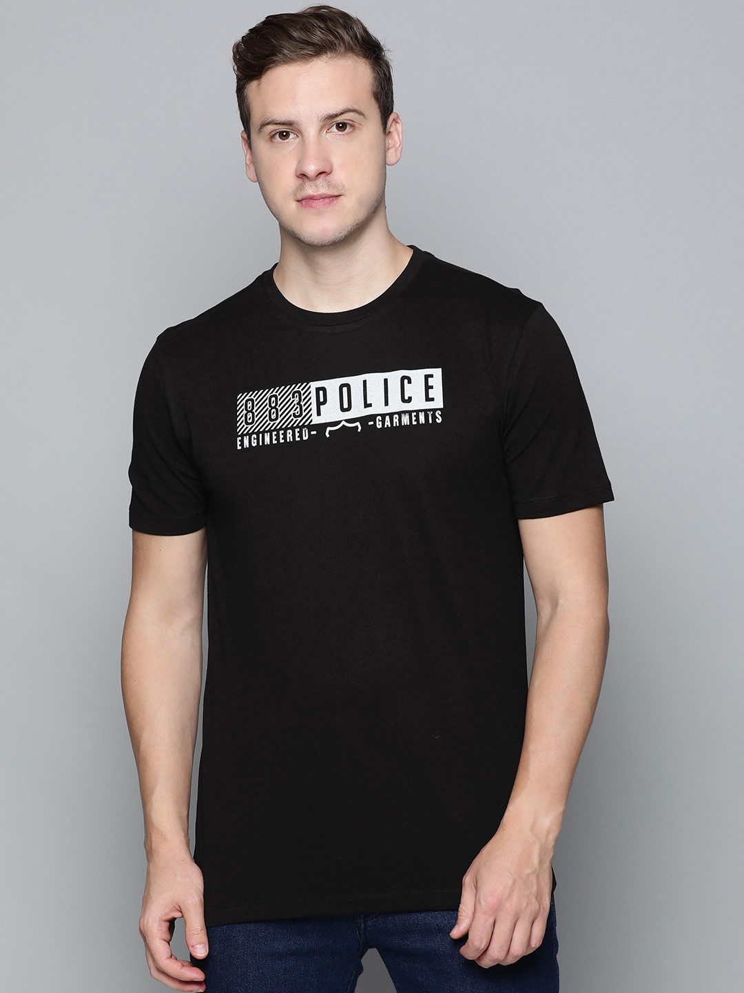 

883 Police Men Black Brand Logo Printed Pure Cotton T-shirt