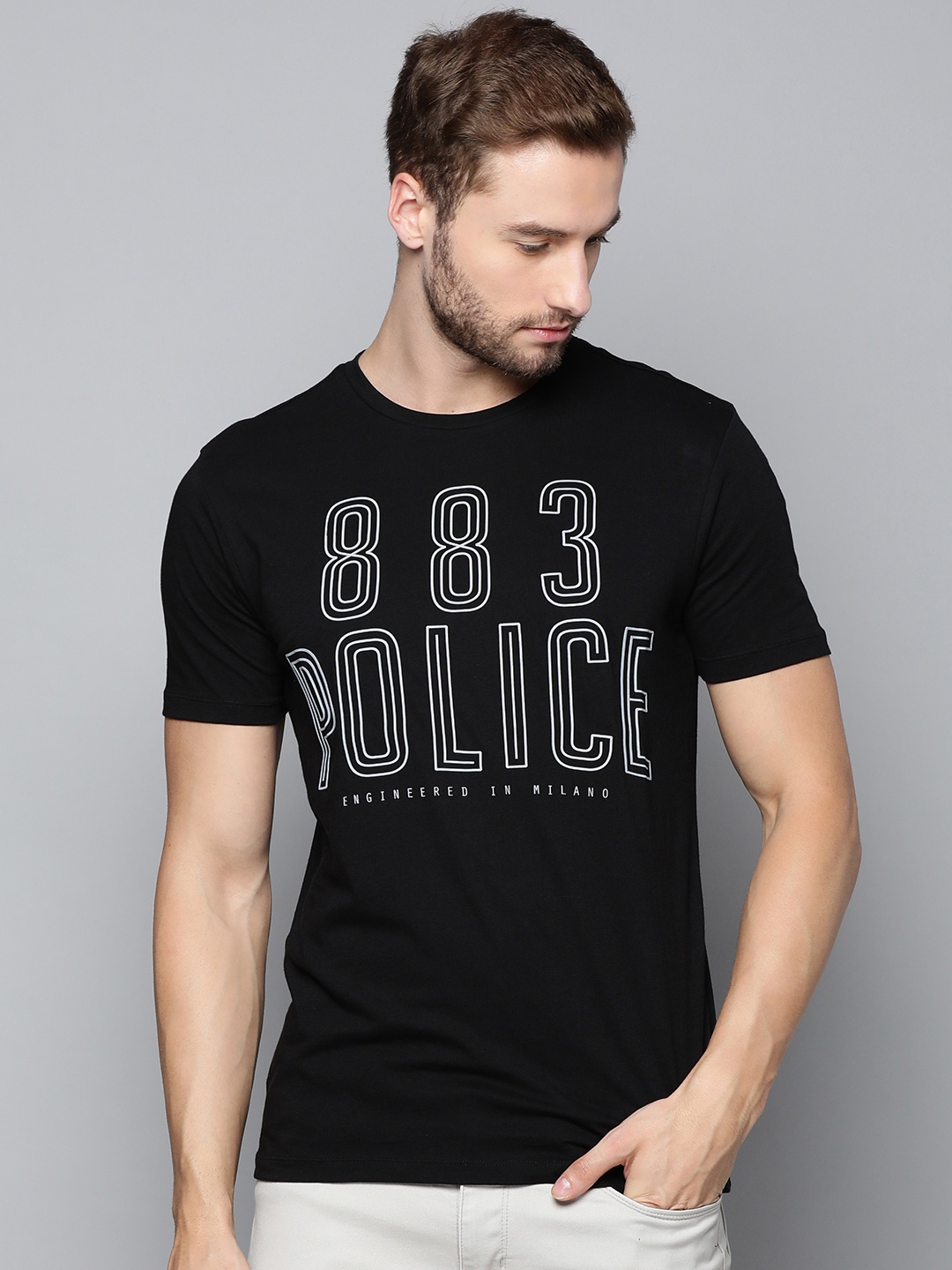 

883 Police Men Black & White Brand Logo Printed Pure Cotton T-shirt