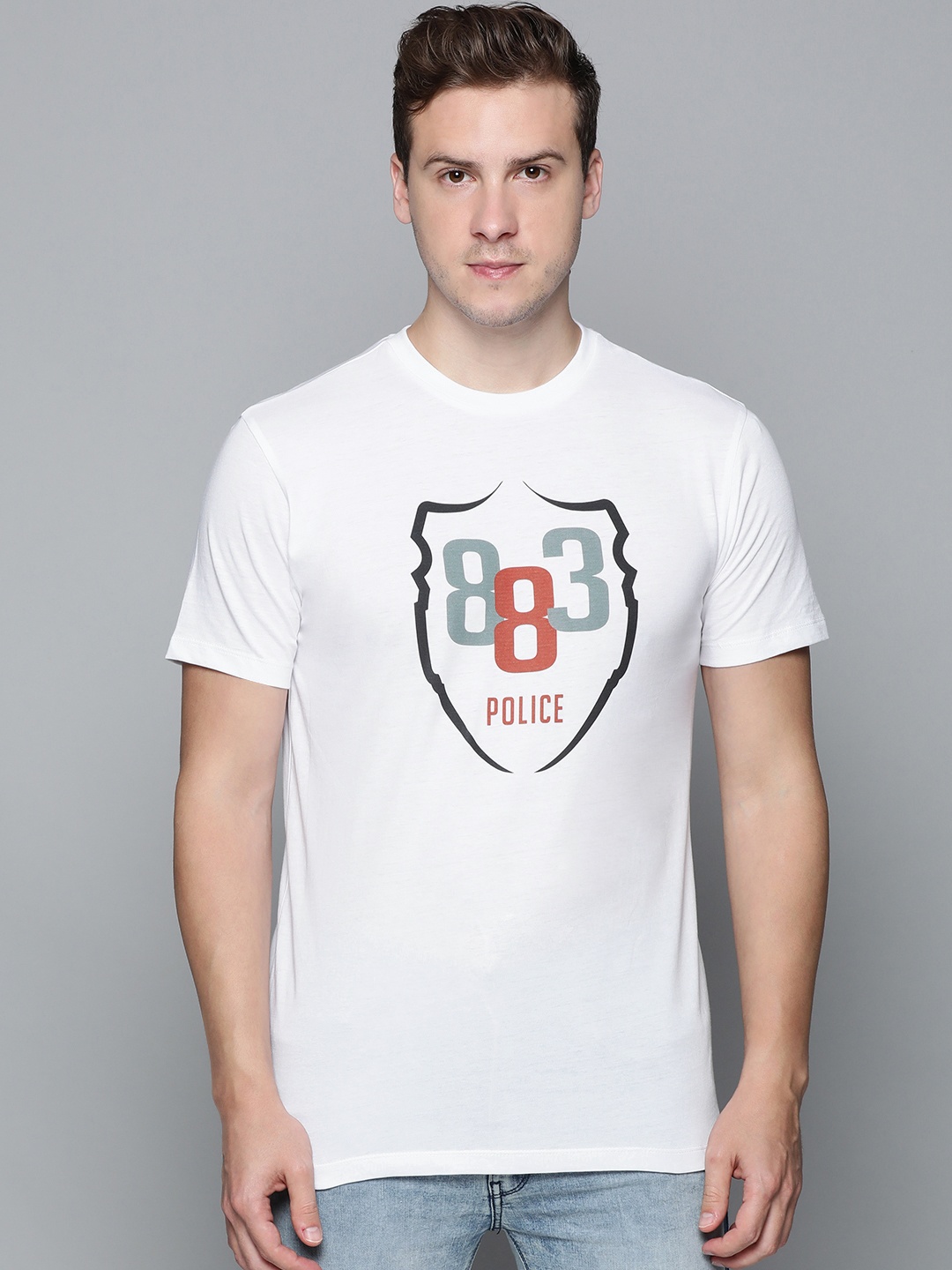 

883 Police Men White Brand Logo Printed Pure Cotton T-shirt