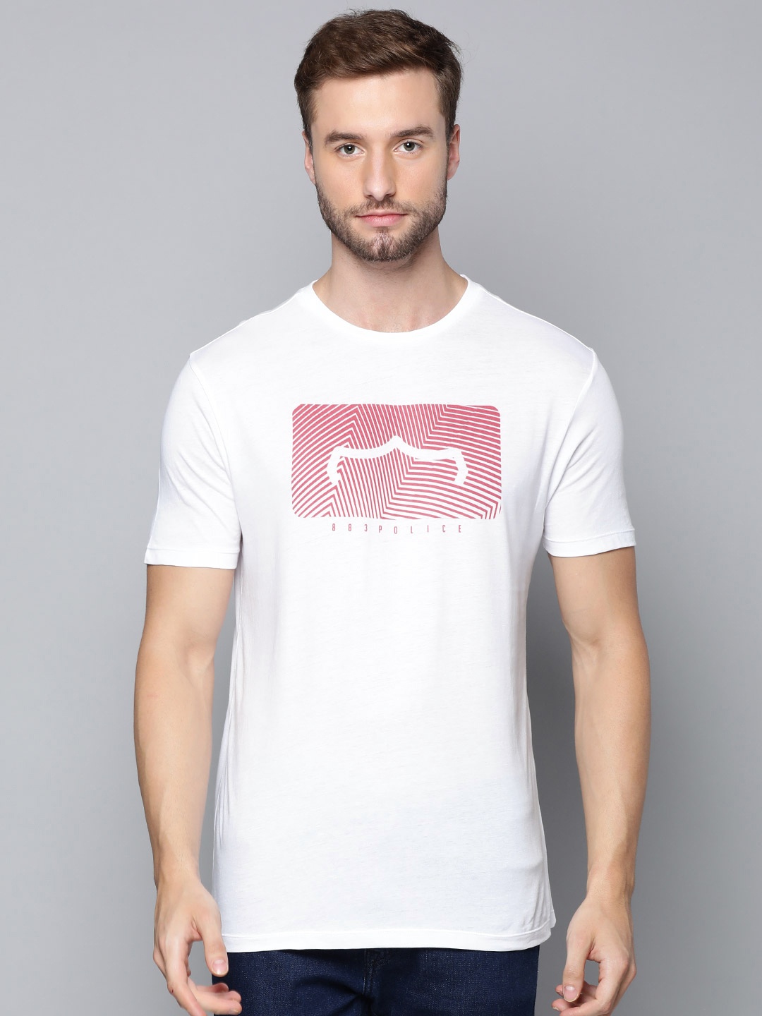 

883 Police Men White & Red Printed Pure Cotton T-shirt
