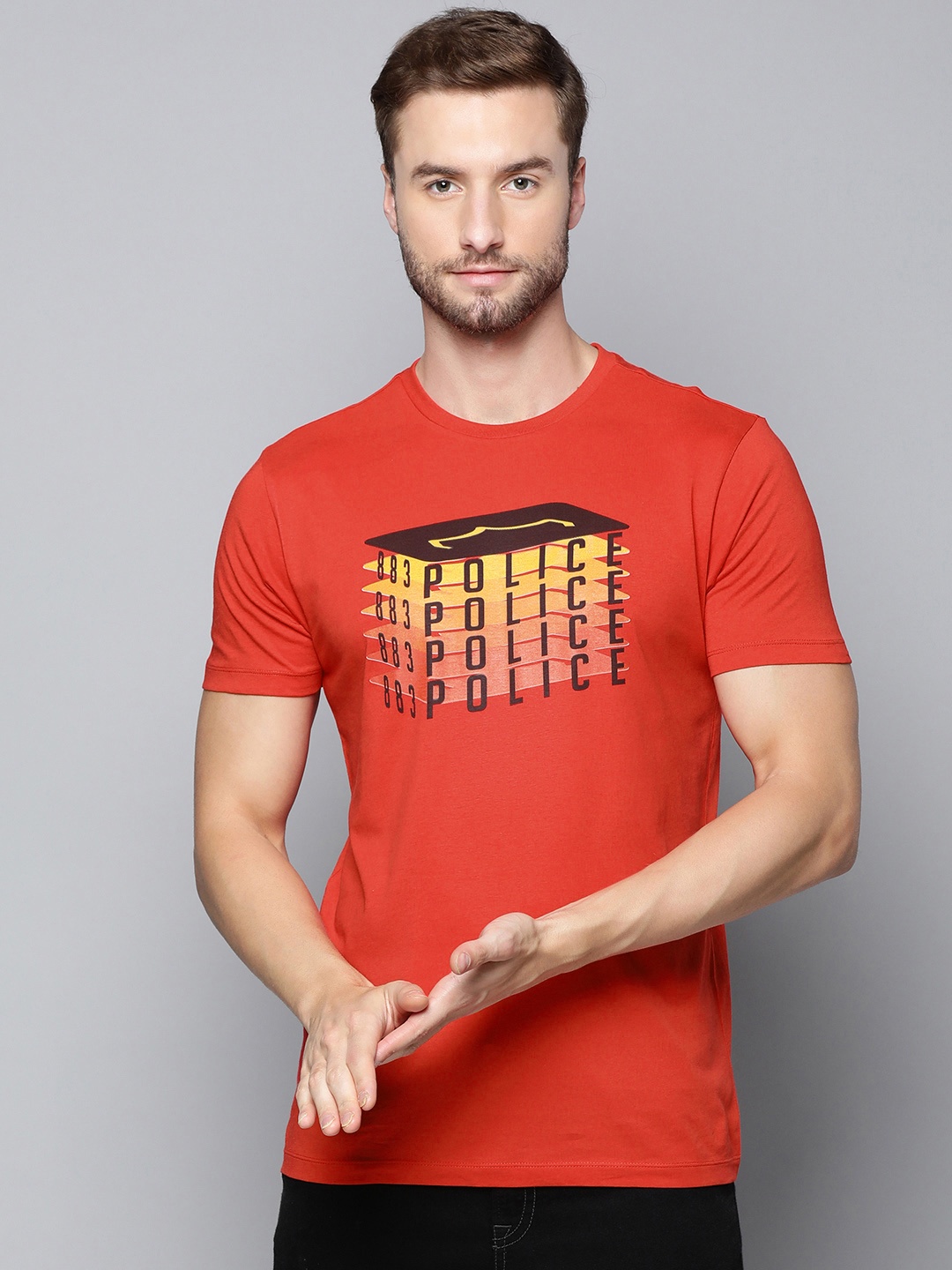 

883 Police Men Red Brand Logo Printed Pure Cotton T-shirt