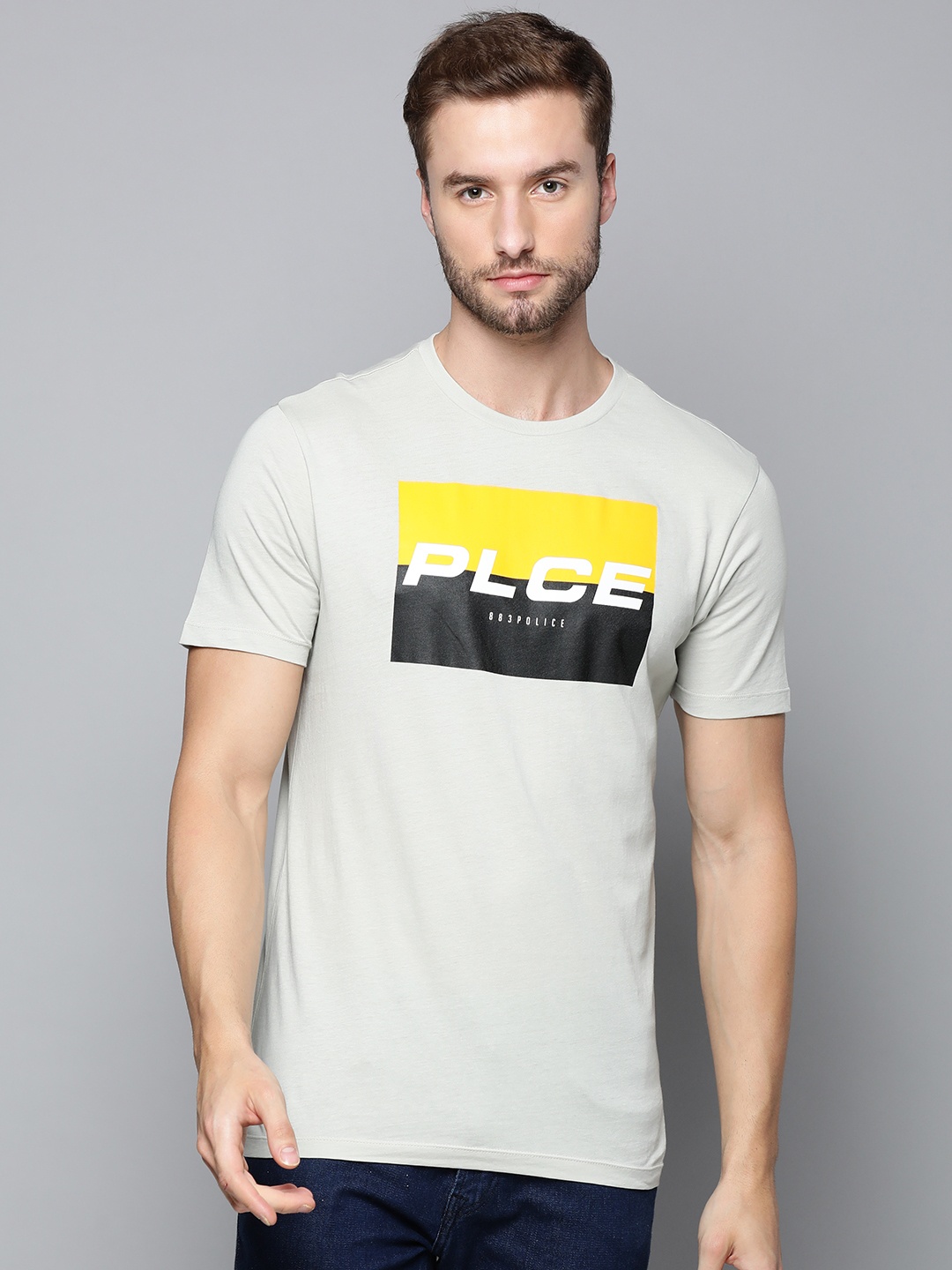 

883 Police Men Grey Brand Logo Printed Pure Cotton T-shirt