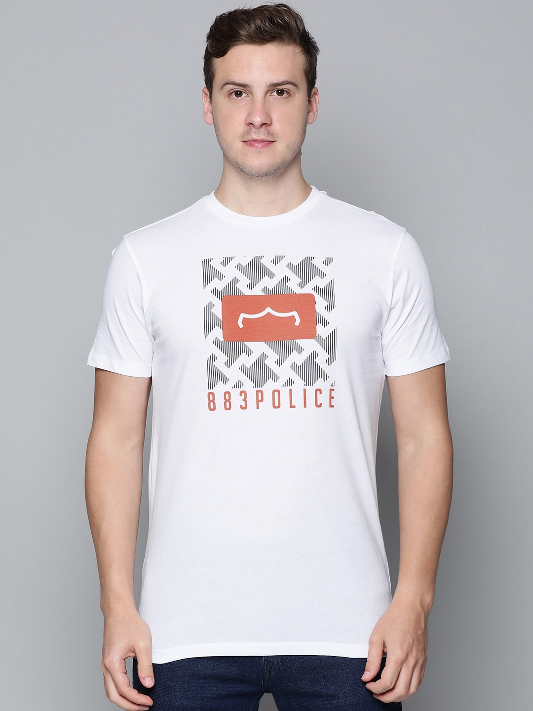 

883 Police Men White Brand Logo Printed Pure Cotton T-shirt