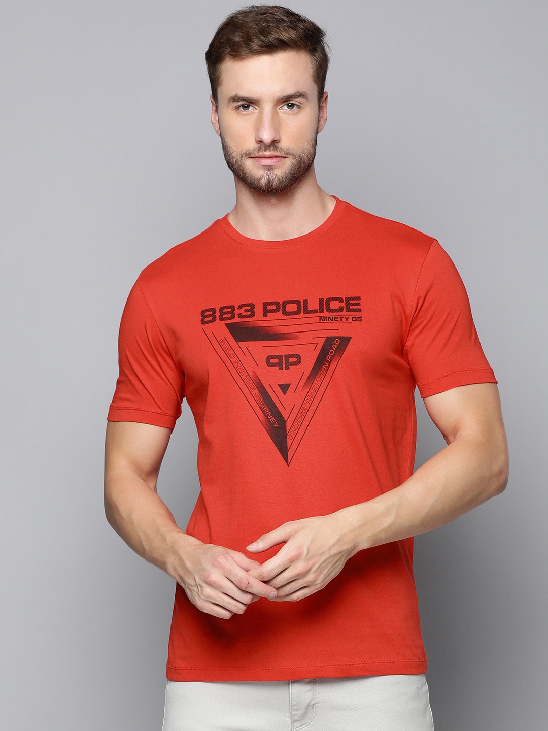 

883 Police Men Red & Black Brand Logo Printed Pure Cotton T-shirt