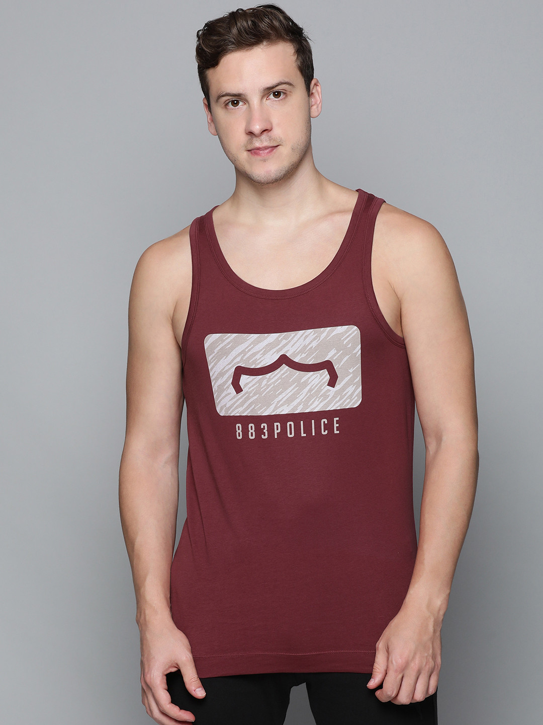 

883 Police Men Maroon Brand Logo Printed Pure Cotton T-shirt