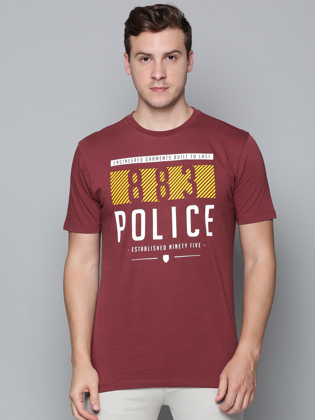 

883 Police Men Maroon Brand Logo Printed Pure Cotton T-shirt