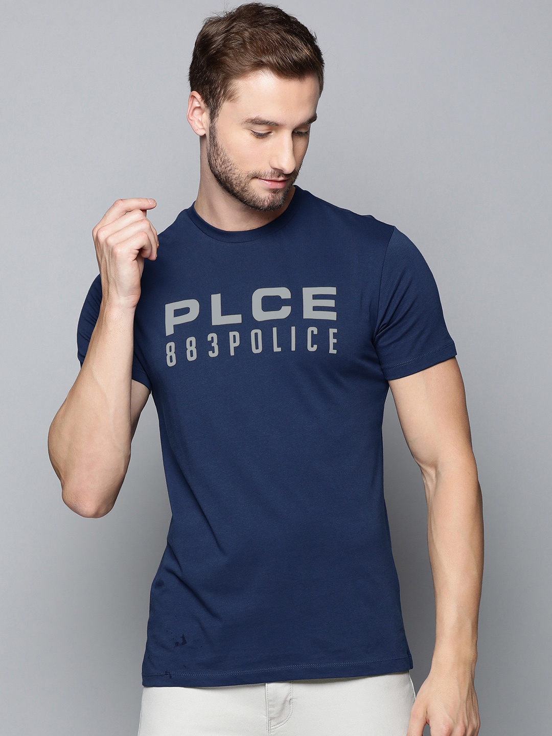 

883 Police Men Navy Blue & Grey Brand Logo Printed Pure Cotton T-shirt
