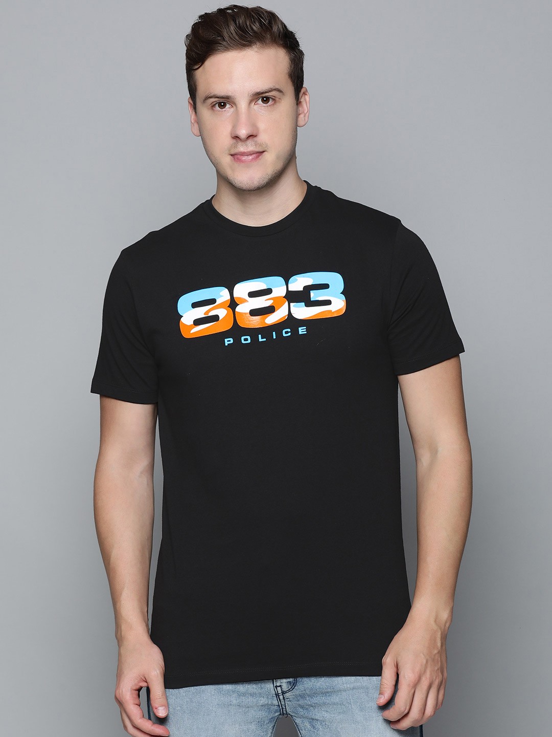 

883 Police Men Black Brand Logo Printed Pure Cotton T-shirt