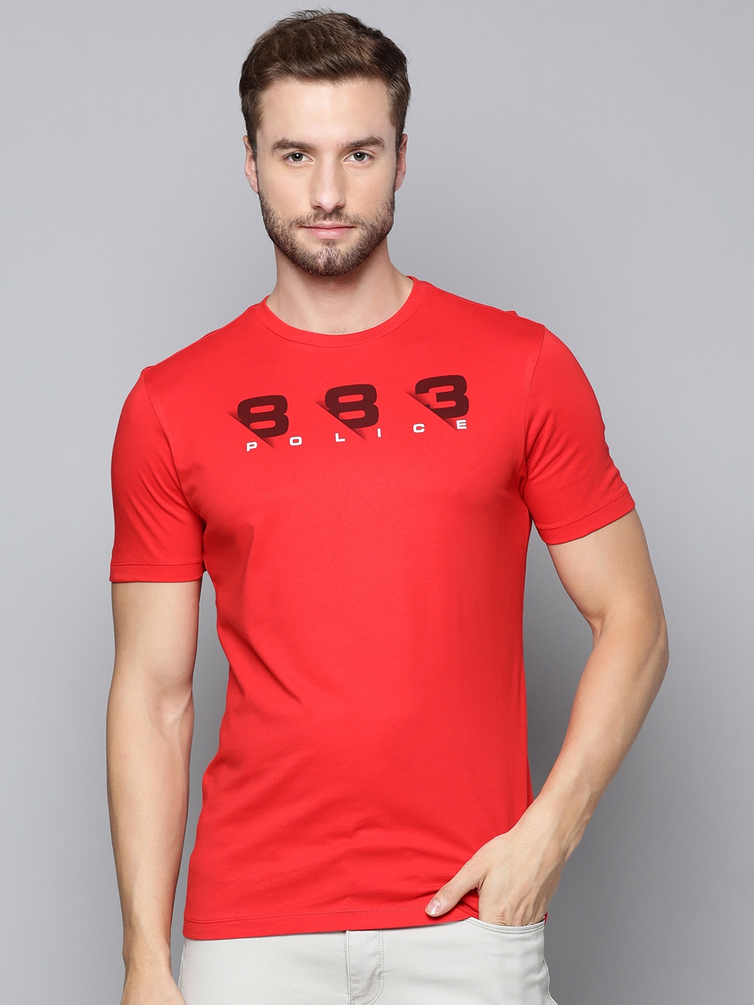 

883 Police Men Red Brand Logo Printed Pure Cotton T-shirt