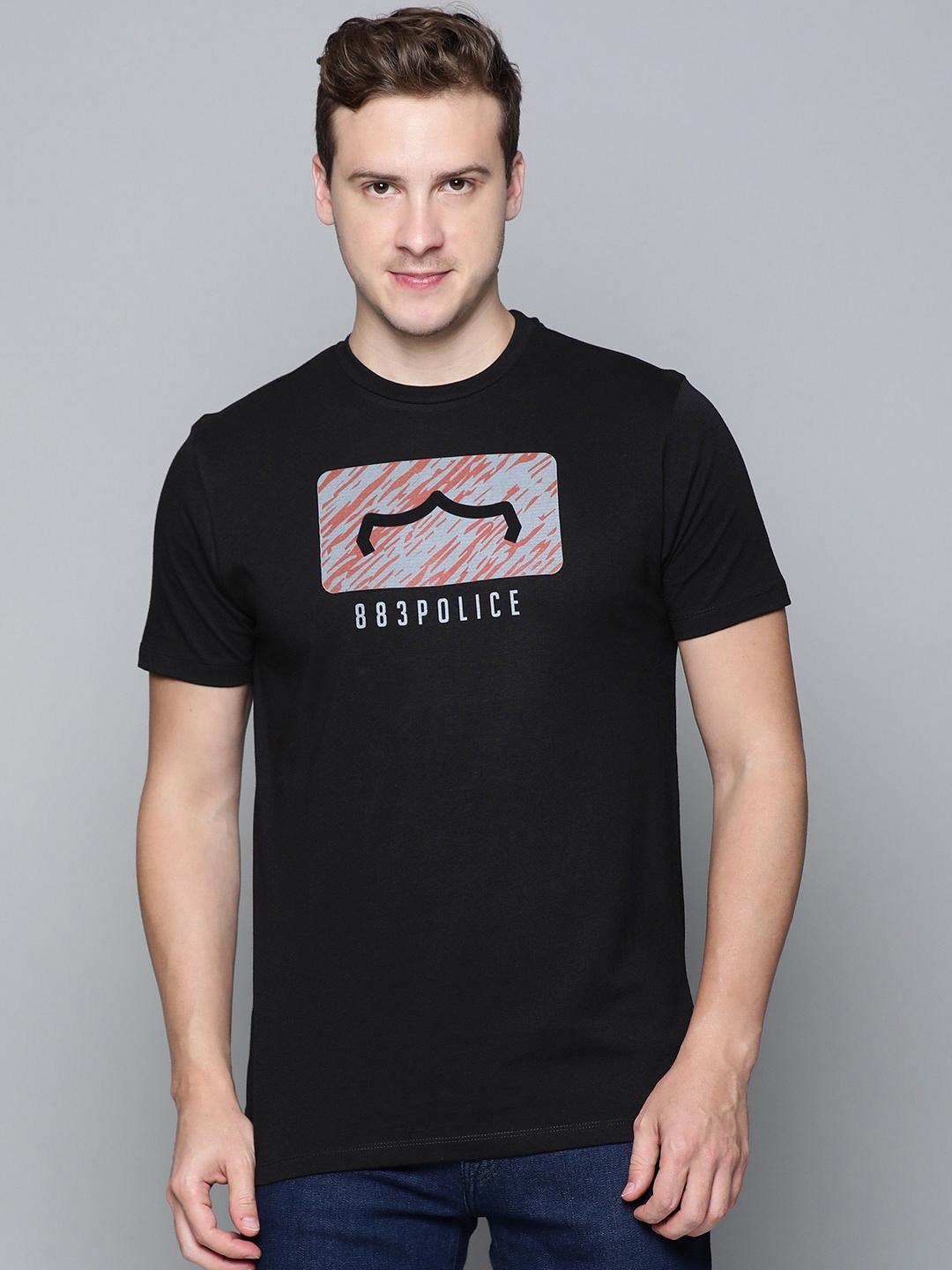 

883 Police Men Black Printed Cotton T-shirt