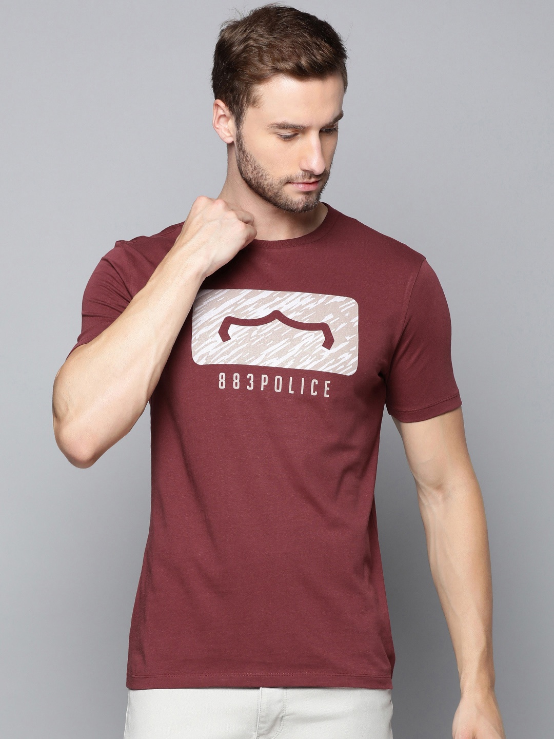 

883 Police Men Maroon Brand Logo Printed Pure Cotton T-shirt