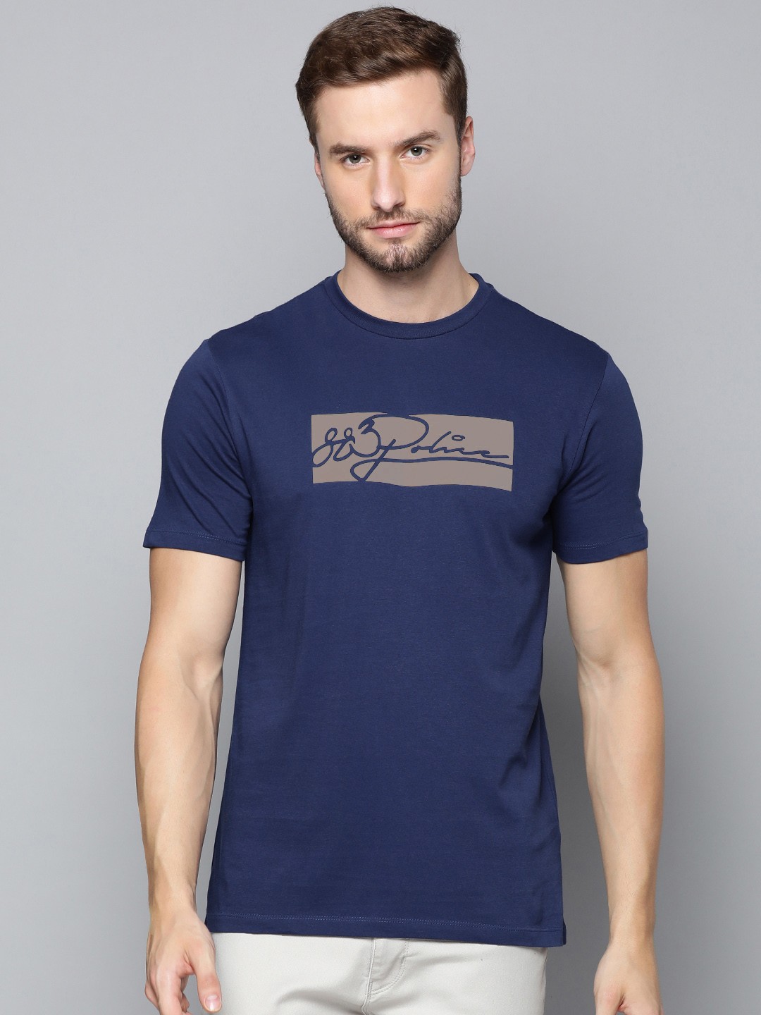 

883 Police Men Navy Blue & Grey Brand Logo Printed Pure Cotton T-shirt