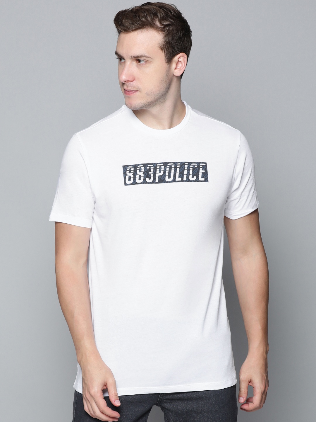 

883 Police Men White Brand Logo Printed Pure Cotton T-shirt