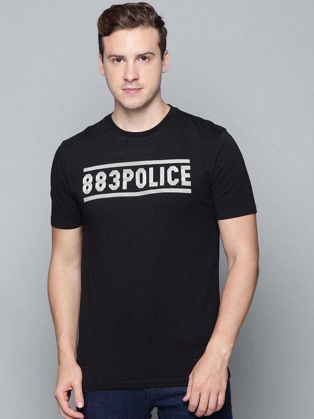 

883 Police Men Black Brand Logo Printed Pure Cotton T-shirt