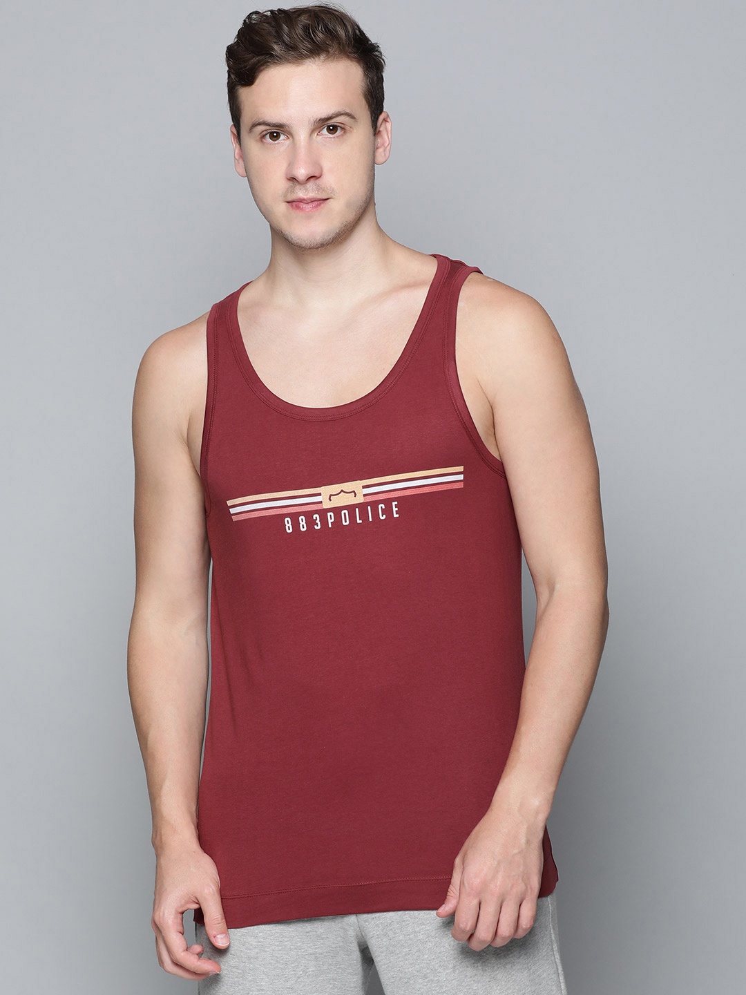 

883 Police Men Maroon Typography Printed Cotton T-shirt