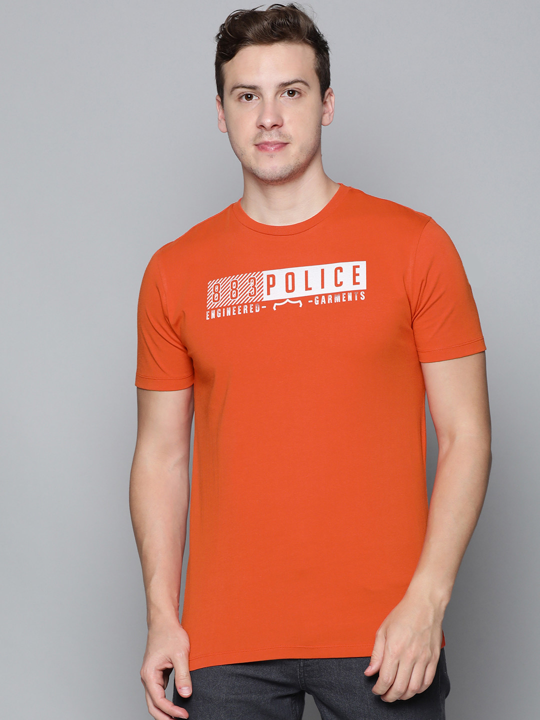 

883 Police Men Orange Brand Logo Printed Pure Cotton T-shirt