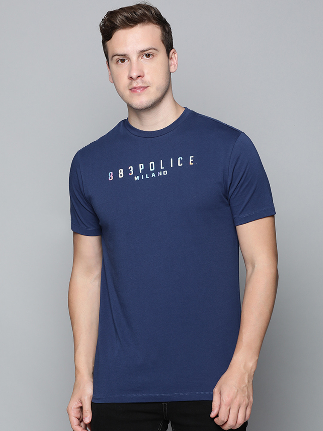 

883 Police Men Navy Blue Cotton Brand Logo T-shirt