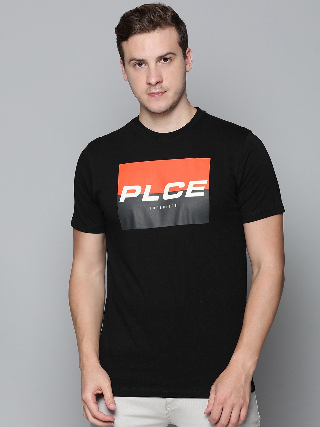 

883 Police Men Black Cotton Brand Logo T-shirt