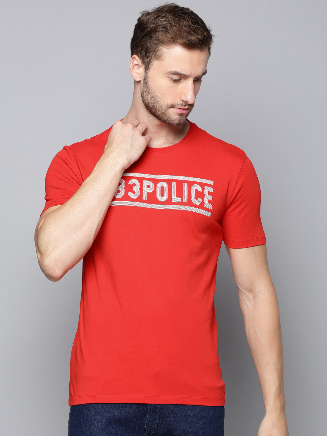 

883 Police Men Red Brand Logo Printed Pure Cotton T-shirt