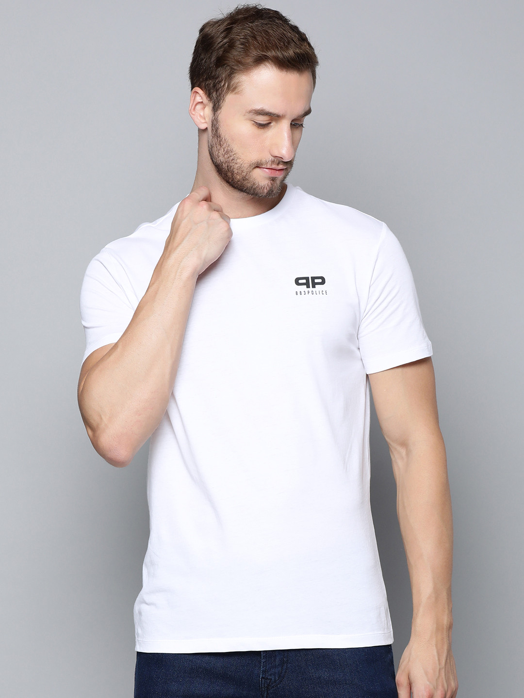 

883 Police Men White Solid Pure Cotton T-shirt