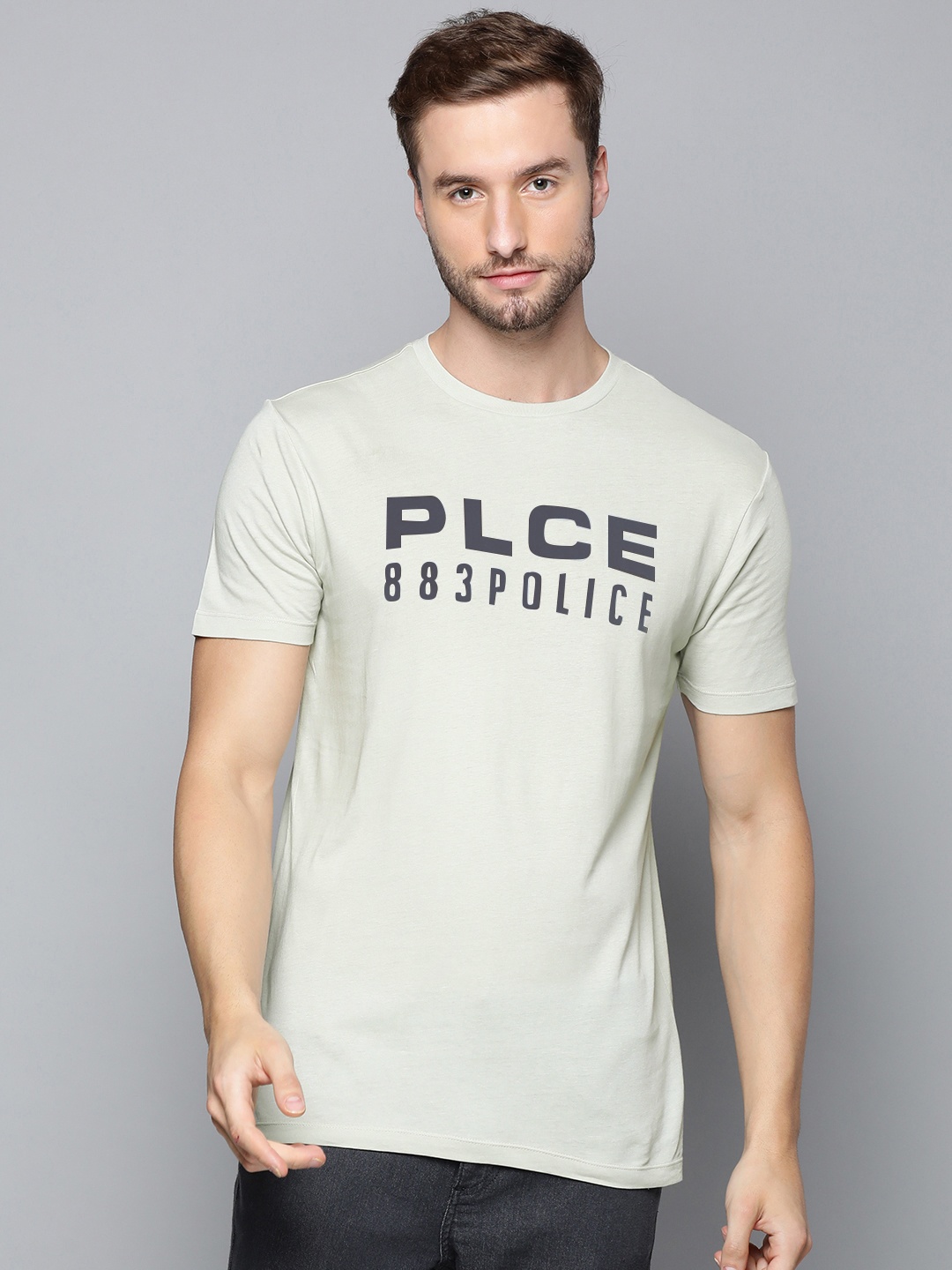 

883 Police Men Grey & Black Brand Logo Printed Pure Cotton T-shirt