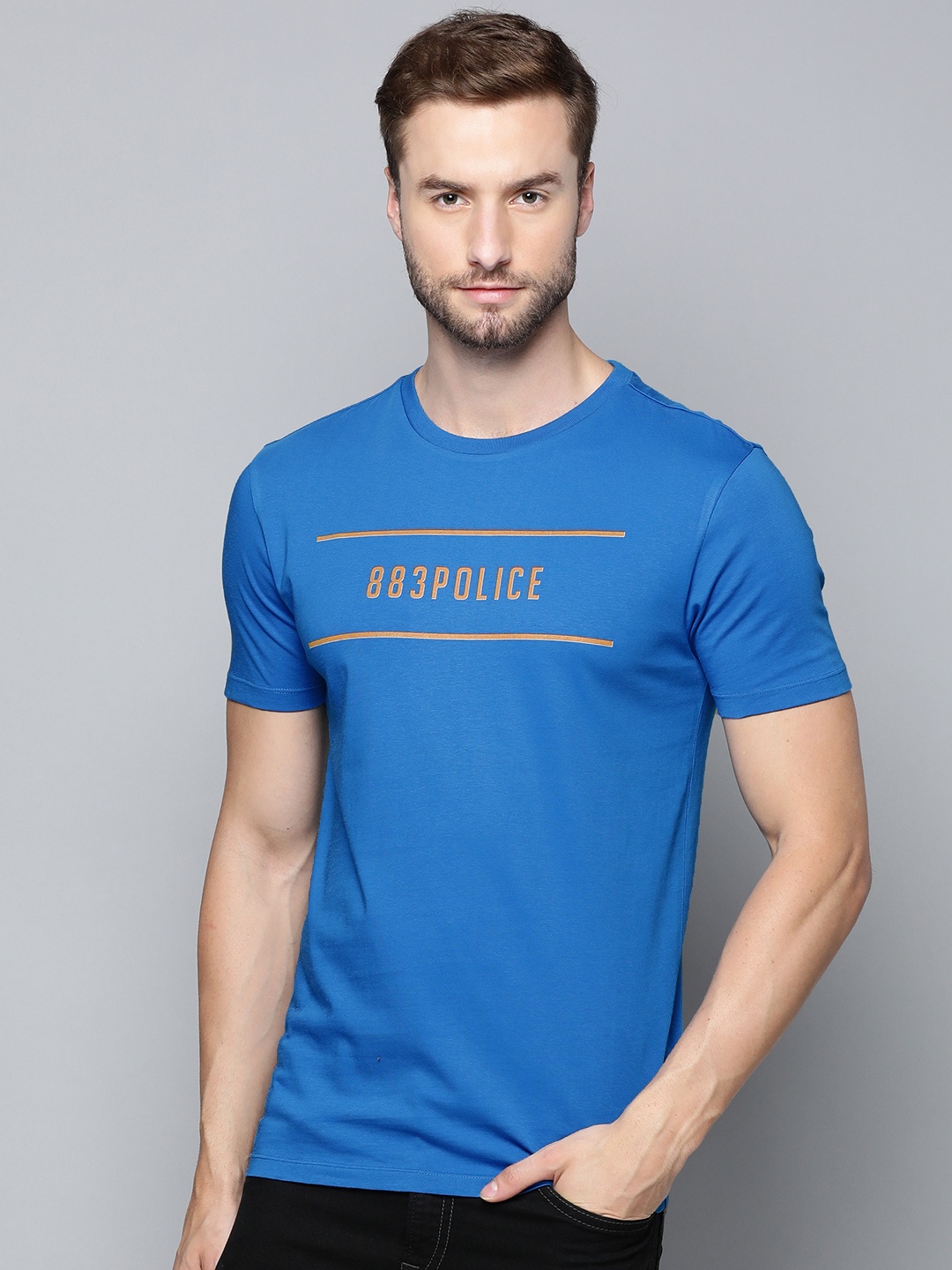 

883 Police Men Blue & Orange Brand Logo Printed Pure Cotton T-shirt