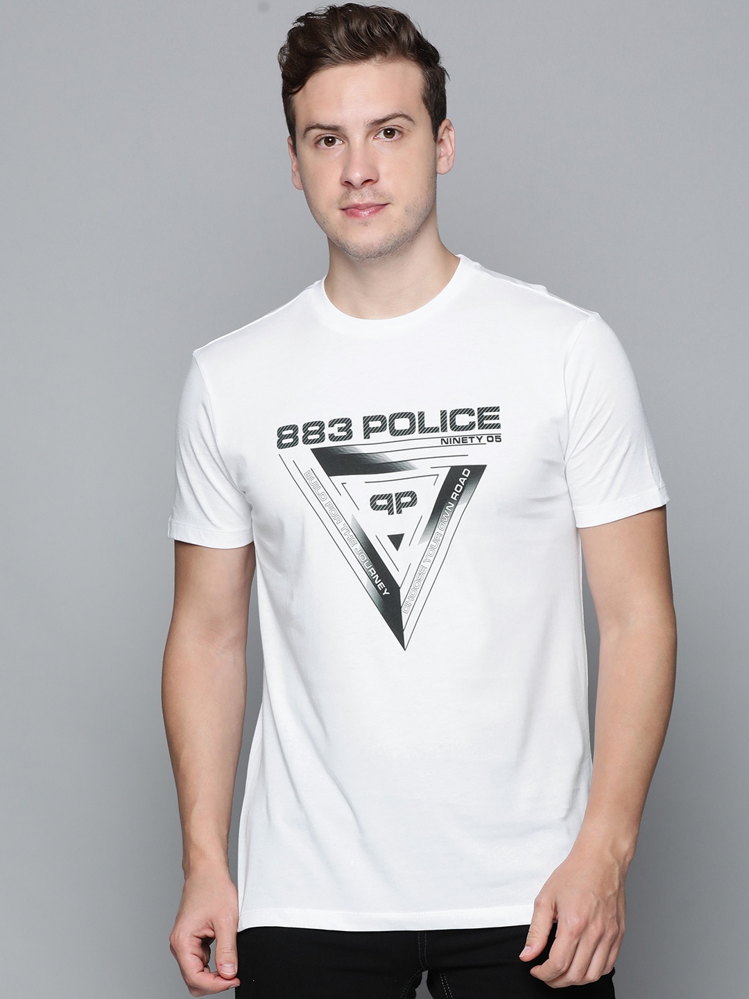 

883 Police Men White Brand Logo Printed Pure Cotton T-shirt