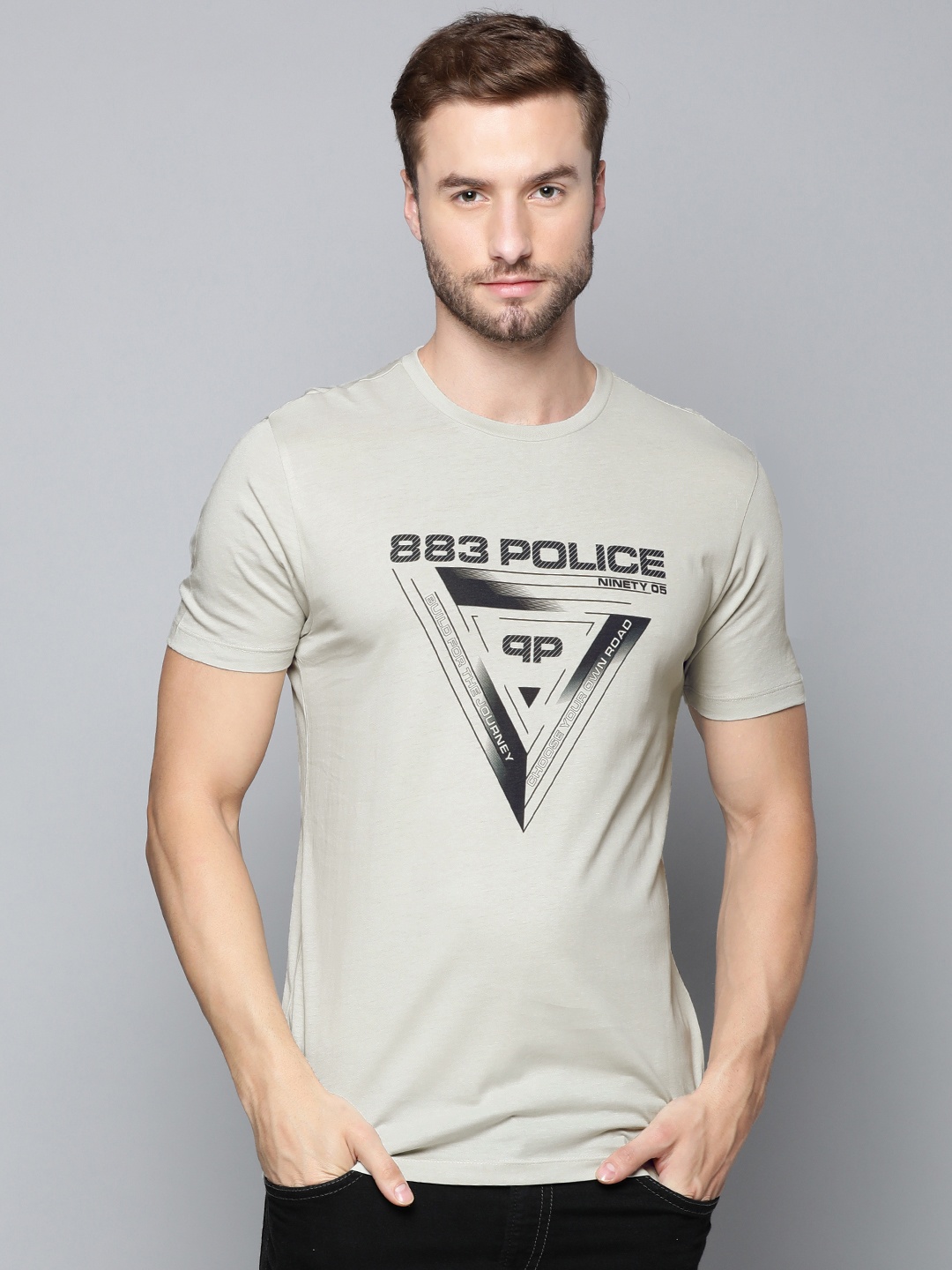 

883 Police Men Grey & Navy Blue Brand Logo Printed Pure Cotton T-shirt