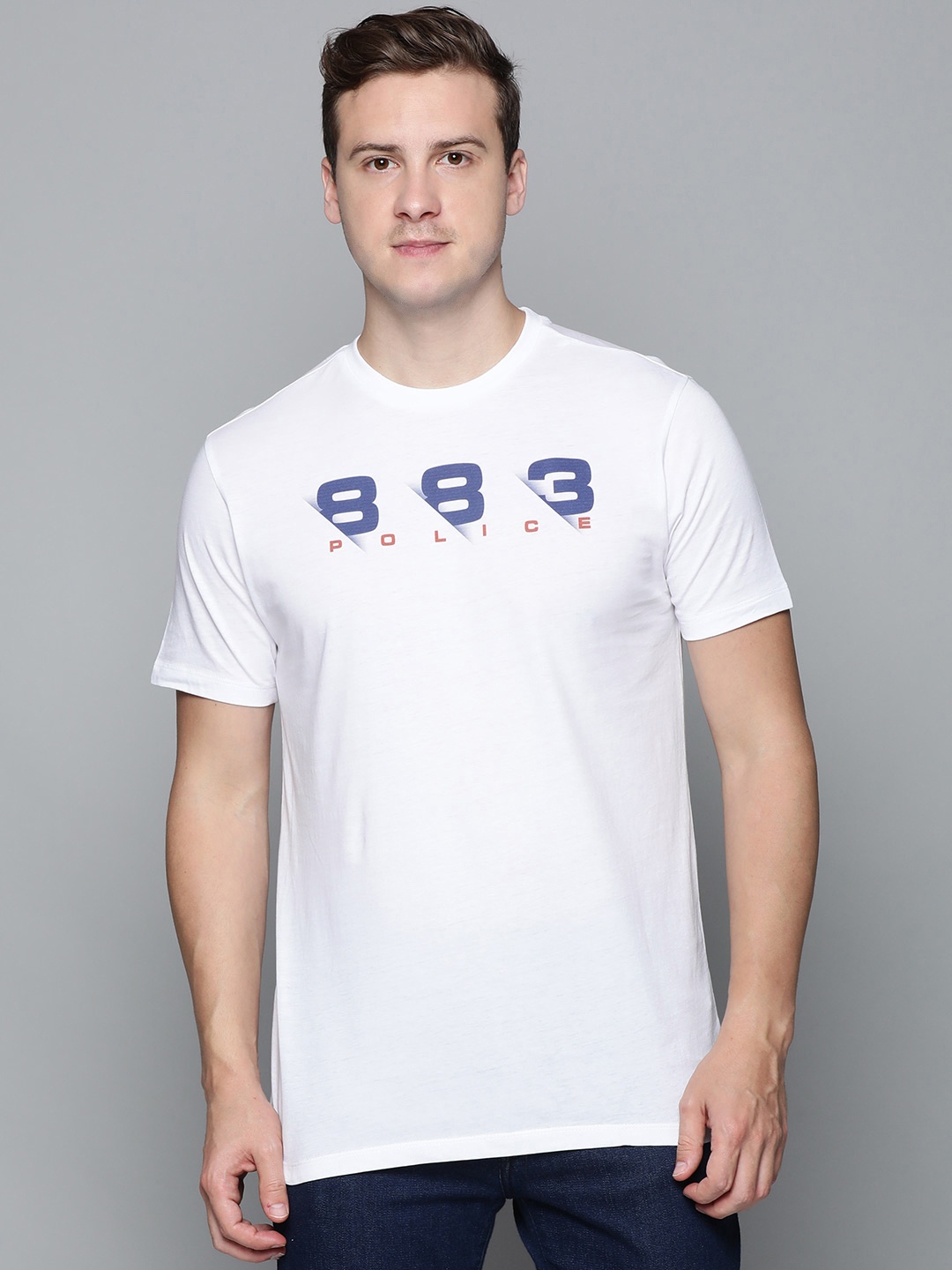 

883 Police Men White Brand Logo Printed Pure Cotton T-shirt