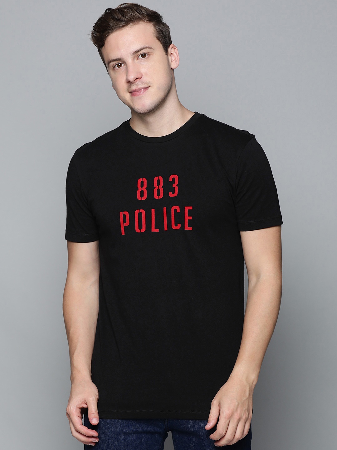 

883 Police Men Black Brand Logo Printed Pure Cotton T-shirt
