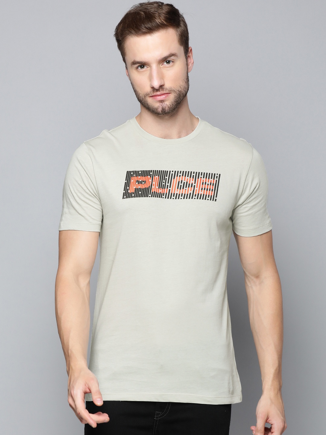 

883 Police Men Grey & Orange Brand Logo Printed Pure Cotton T-shirt