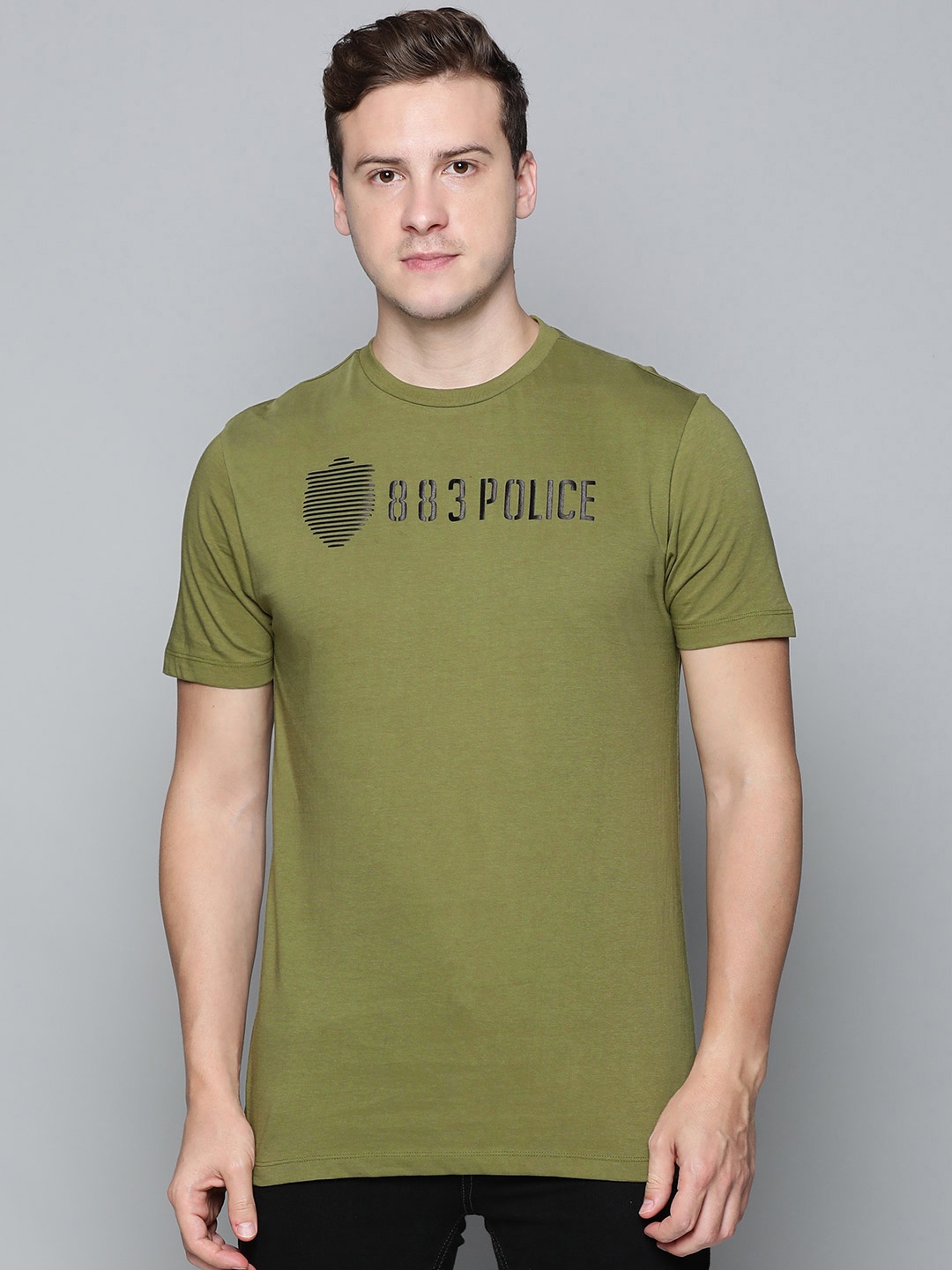 

883 Police Men Olive Green Brand Logo Printed Pure Cotton T-shirt