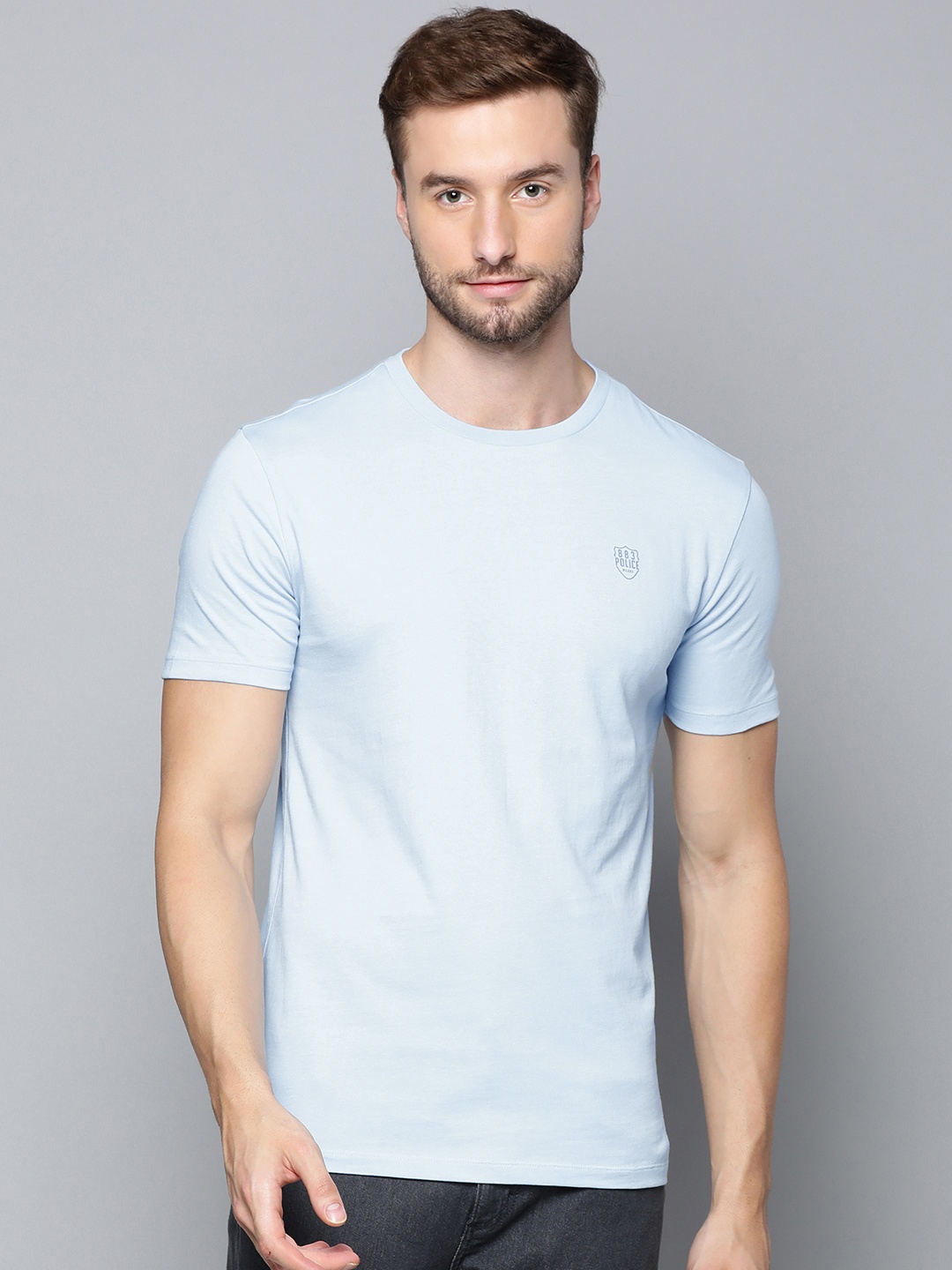 

883 Police Men Blue Solid Pure Cotton T-shirt