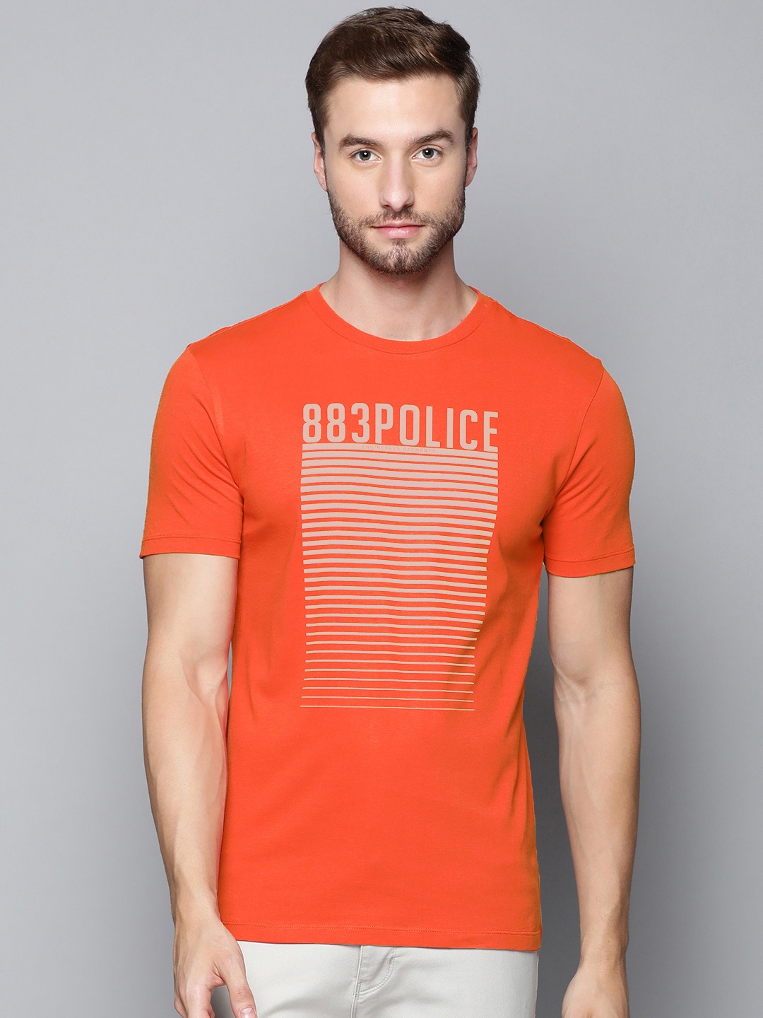 

883 Police Men Orange & Off White Brand Logo Printed Pure Cotton T-shirt