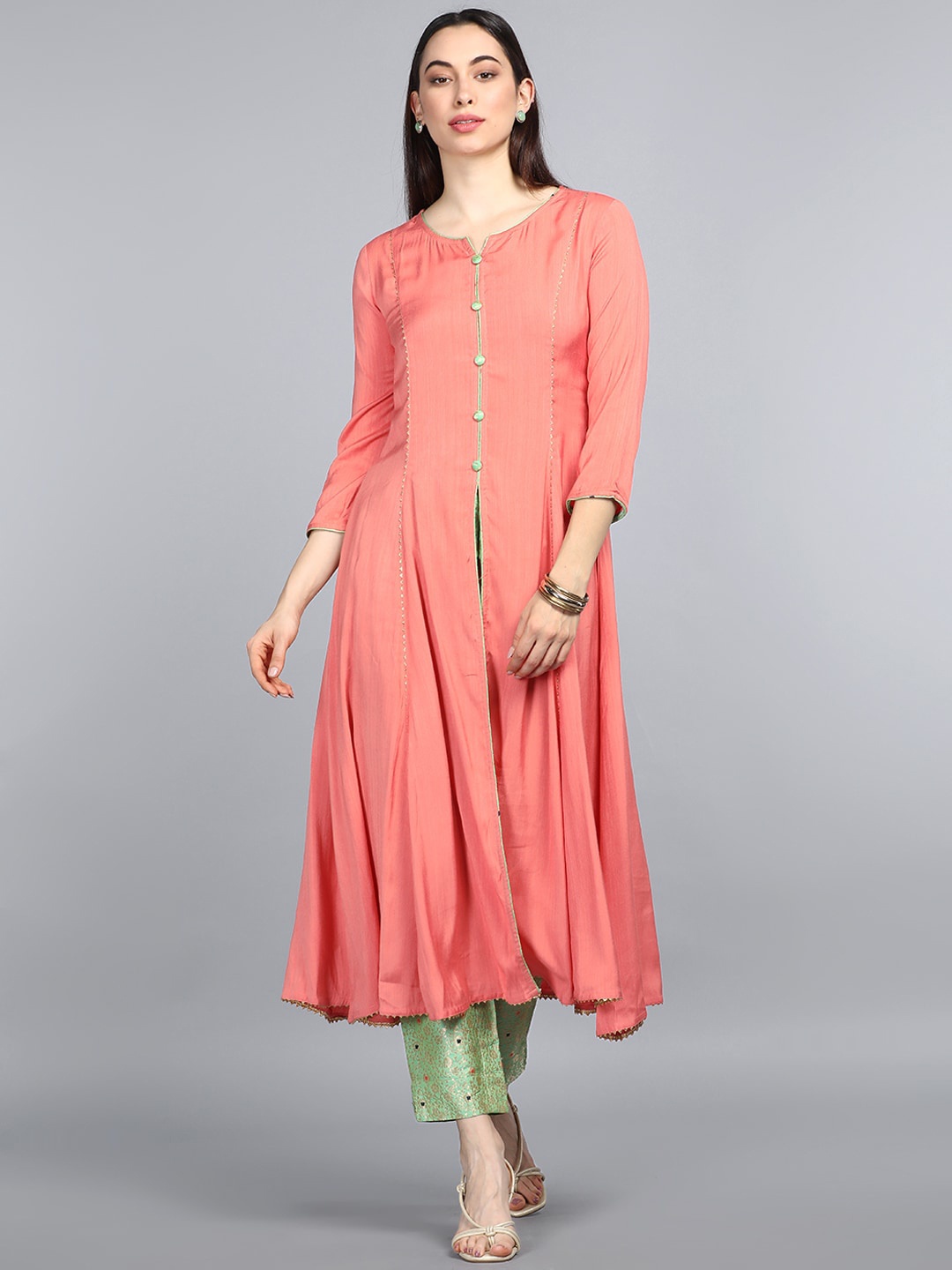 

AHIKA Women Peach-Coloured Angrakha Kurti with Trousers